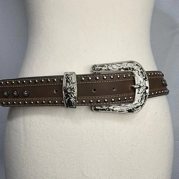 Brown Studded Belt with Silver Buckle - Picture 3 of 9